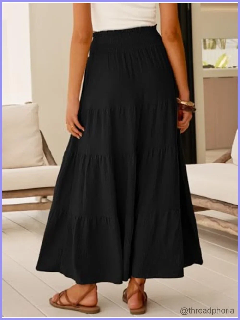 Elastic High Waist A-Line Maxi Skirt, Flowy Boho Skirt, Tiered Long Skirt with